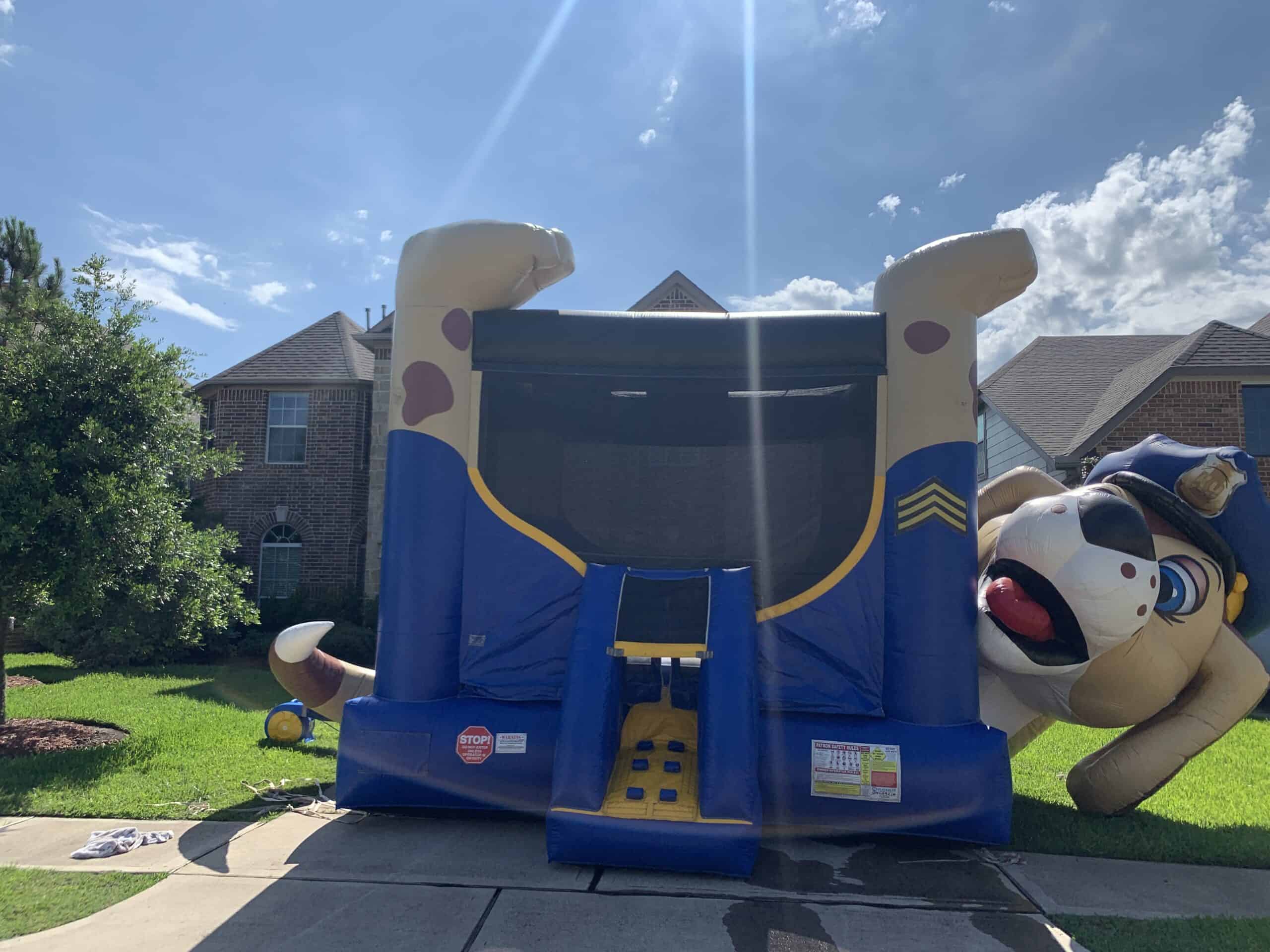 Dog character themed inflatable bounce house set up on a residential driveway.