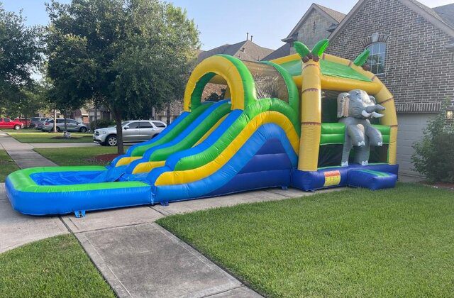Colorful elephant-themed bounce house with water slide for kids.