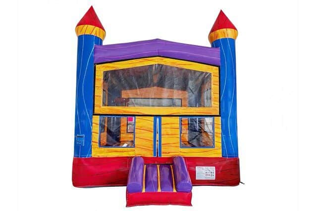 Party Kids Rainbow Bounce House Colorful rainbow bounce house with castle design for kids.