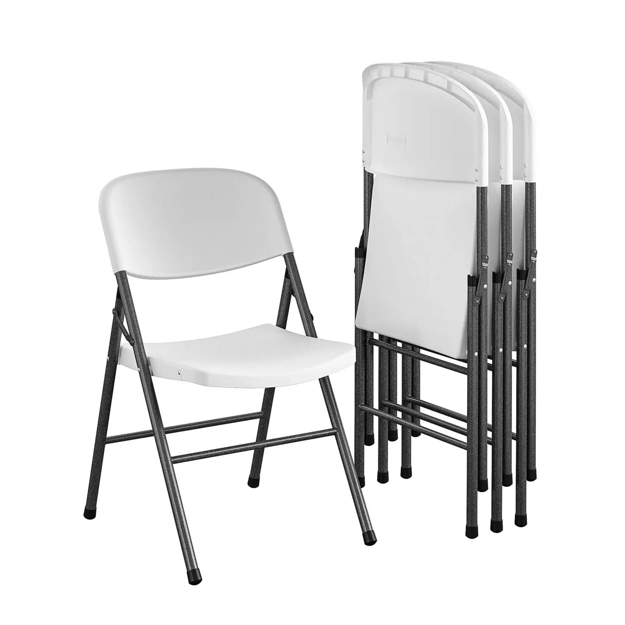 White folding chairs and a white folding chair with black metal legs.